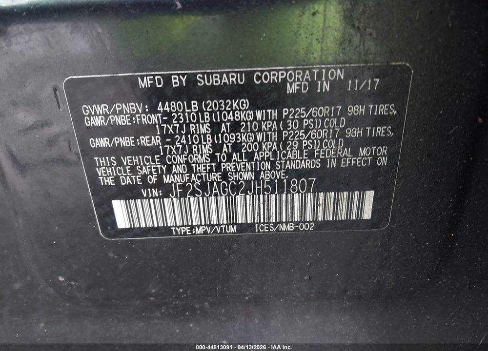 2018 SUBARU FORESTER 2.5I PREMIUM VIN: JF2SJAGC2JH511807