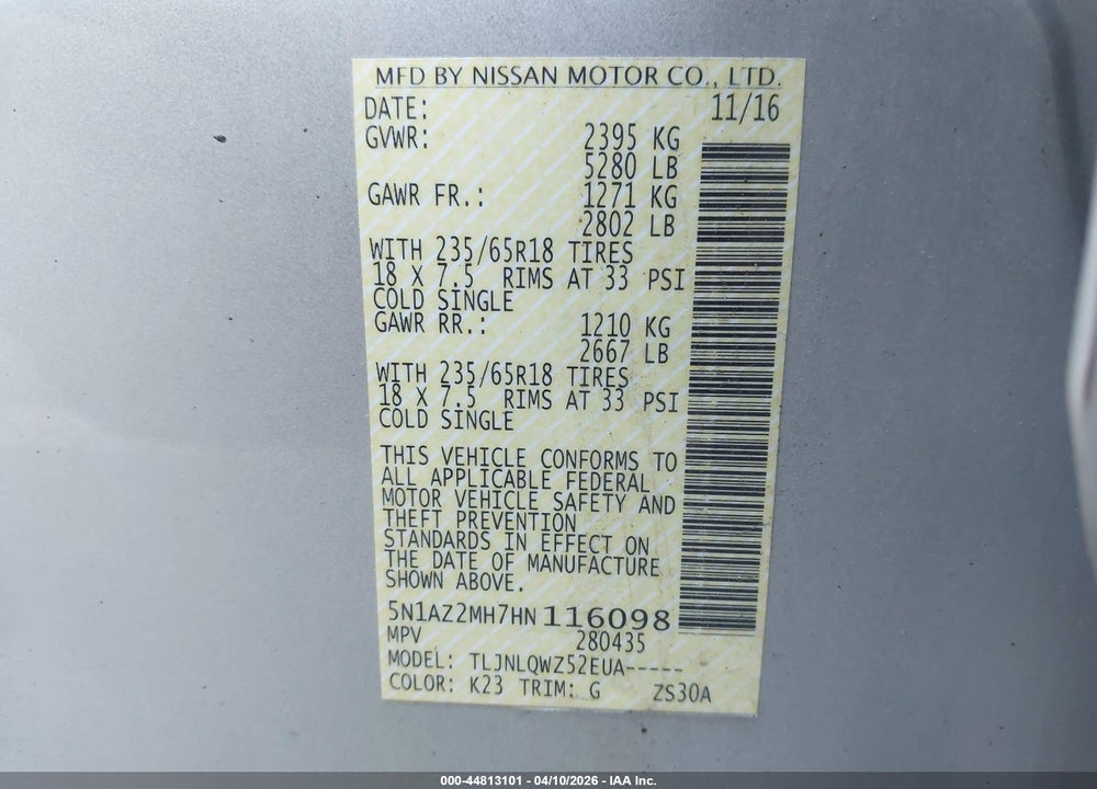 2017 NISSAN MURANO SV VIN: 5N1AZ2MH7HN116098