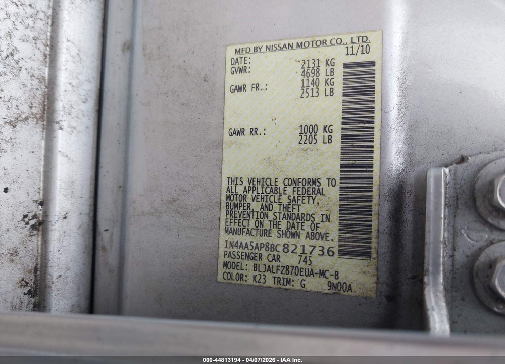 2011 NISSAN MAXIMA 3.5 SV VIN: 1N4AA5AP8BC821736