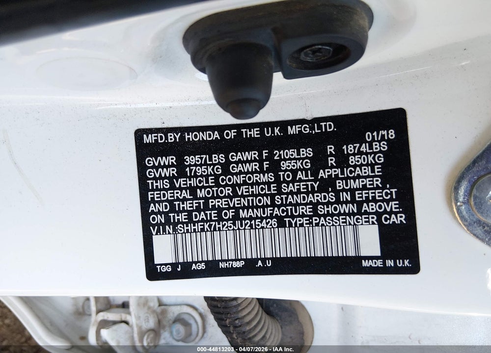 2018 HONDA CIVIC LX VIN: SHHFK7H25JU215426