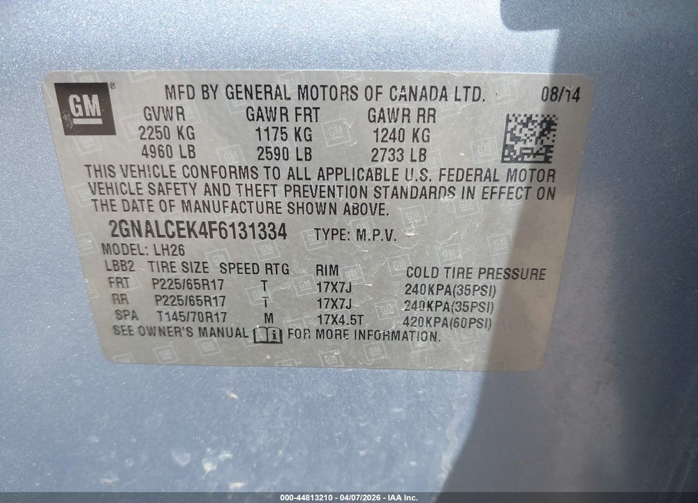 2015 CHEVROLET EQUINOX 2LT VIN: 2GNALCEK4F6131334