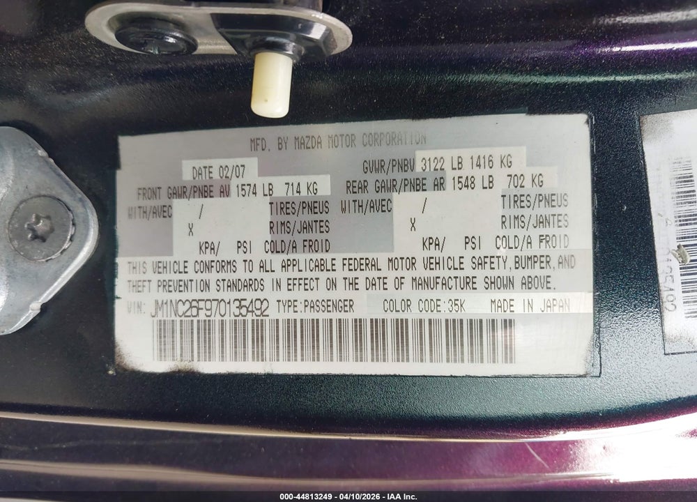 2007 MAZDA MX-5 TOURING VIN: JM1NC26F970135492