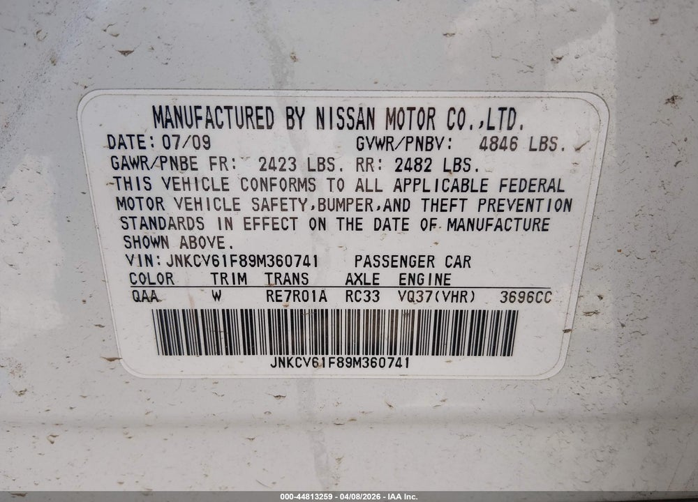 2009 INFINITI G37X VIN: JNKCV61F89M360741