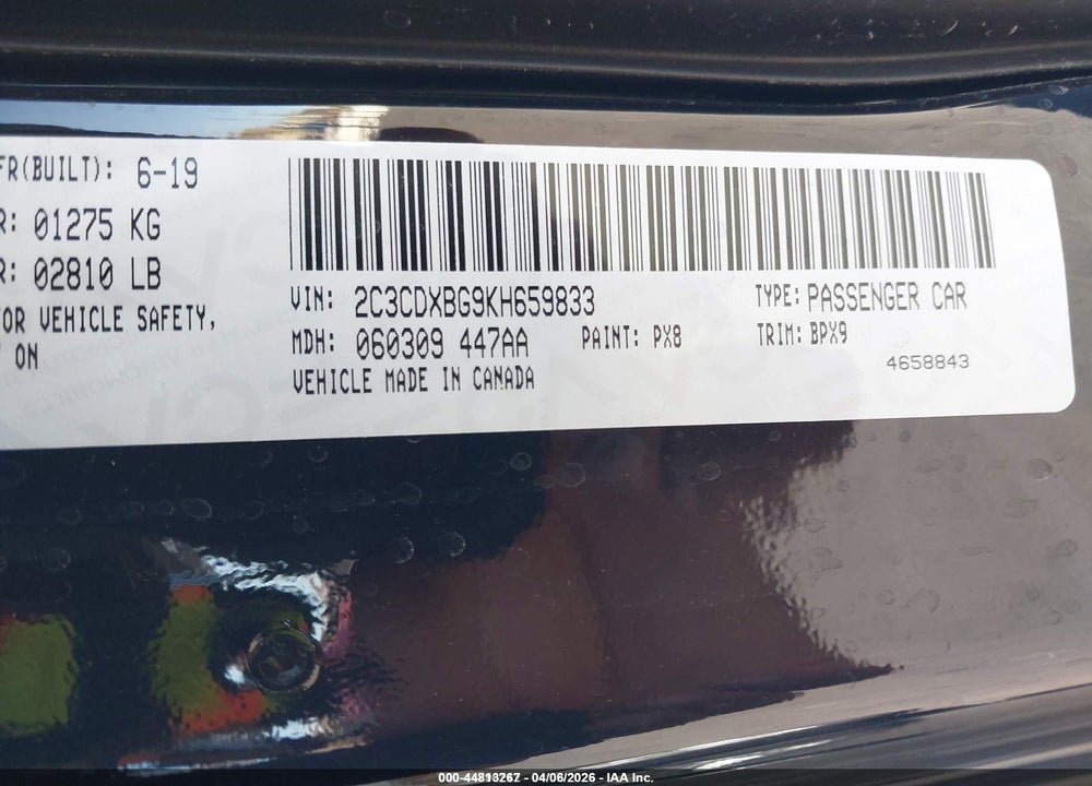 2019 DODGE CHARGER SXT RWD VIN: 2C3CDXBG9KH659833
