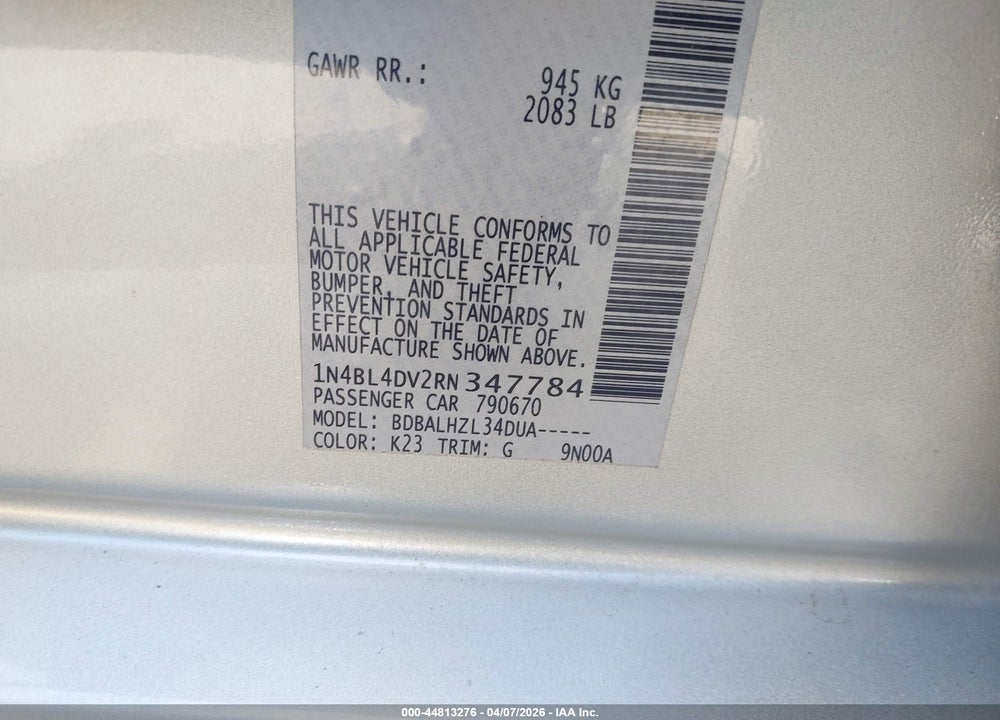2024 NISSAN ALTIMA SV FWD VIN: 1N4BL4DV2RN347784