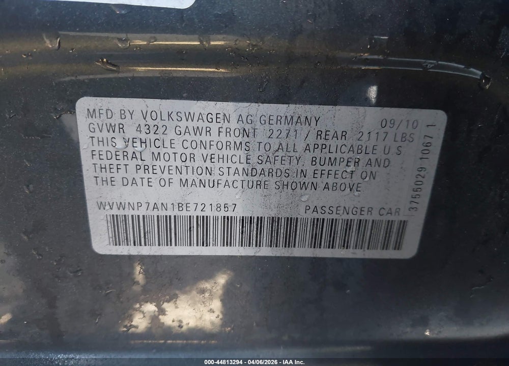 2011 VOLKSWAGEN CC SPORT VIN: WVWNP7AN1BE721857