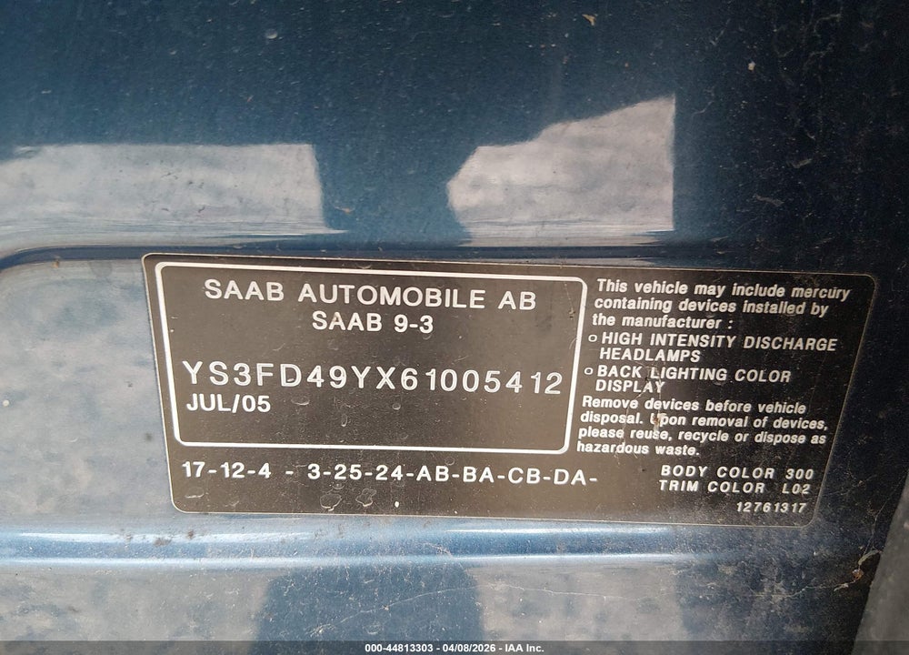 2006 SAAB 9-3 2.0T VIN: YS3FD49YX61005412