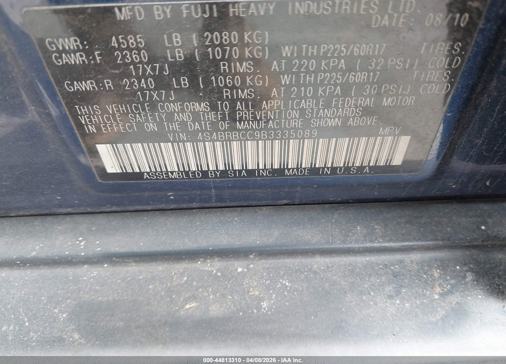 2011 SUBARU OUTBACK 2.5I PREMIUM VIN: 4S4BRBCC9B3335089