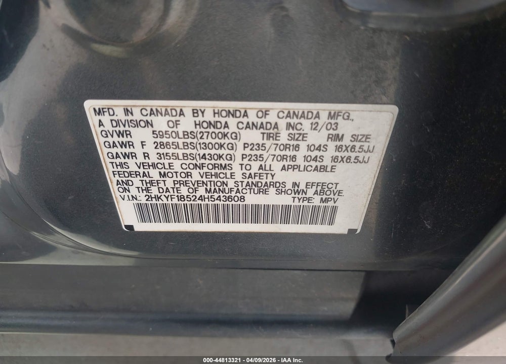 2004 HONDA PILOT EX-L VIN: 2HKYF18524H543608
