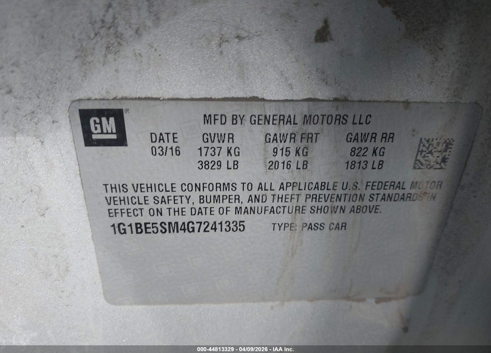 2016 CHEVROLET CRUZE LT AUTO VIN: 1G1BE5SM4G7241335