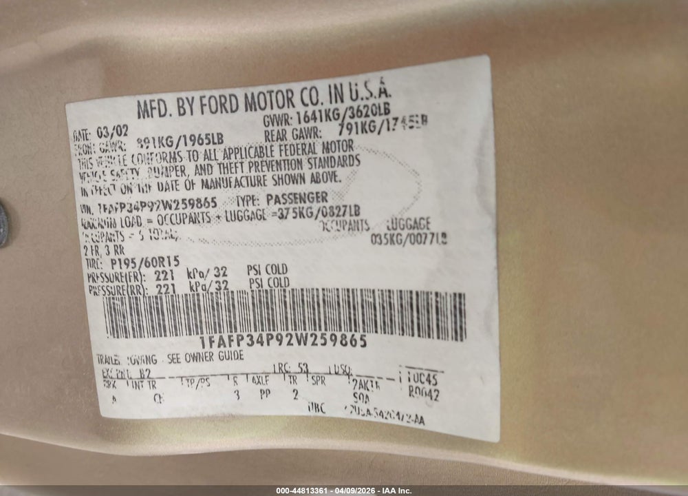 2002 FORD FOCUS SE VIN: 1FAFP34P92W259865