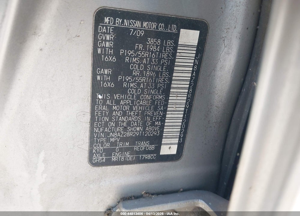 2009 NISSAN CUBE 1.8SL VIN: JN8AZ28R29T120293