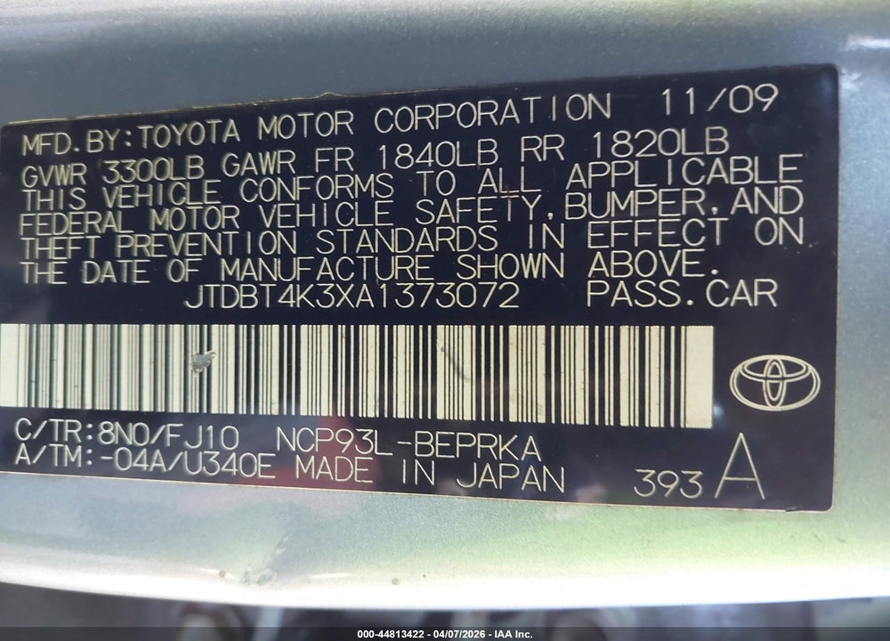 2010 TOYOTA YARIS VIN: JTDBT4K3XA1373072