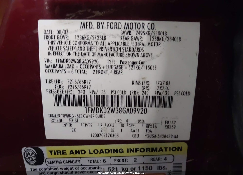 2008 FORD TAURUS X SEL VIN: 1FMDK02W38GA09920