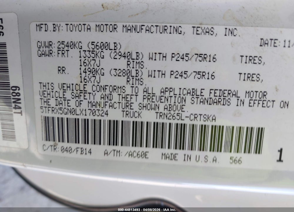 2020 TOYOTA TACOMA SR VIN: 5TFRX5GN0LX170324