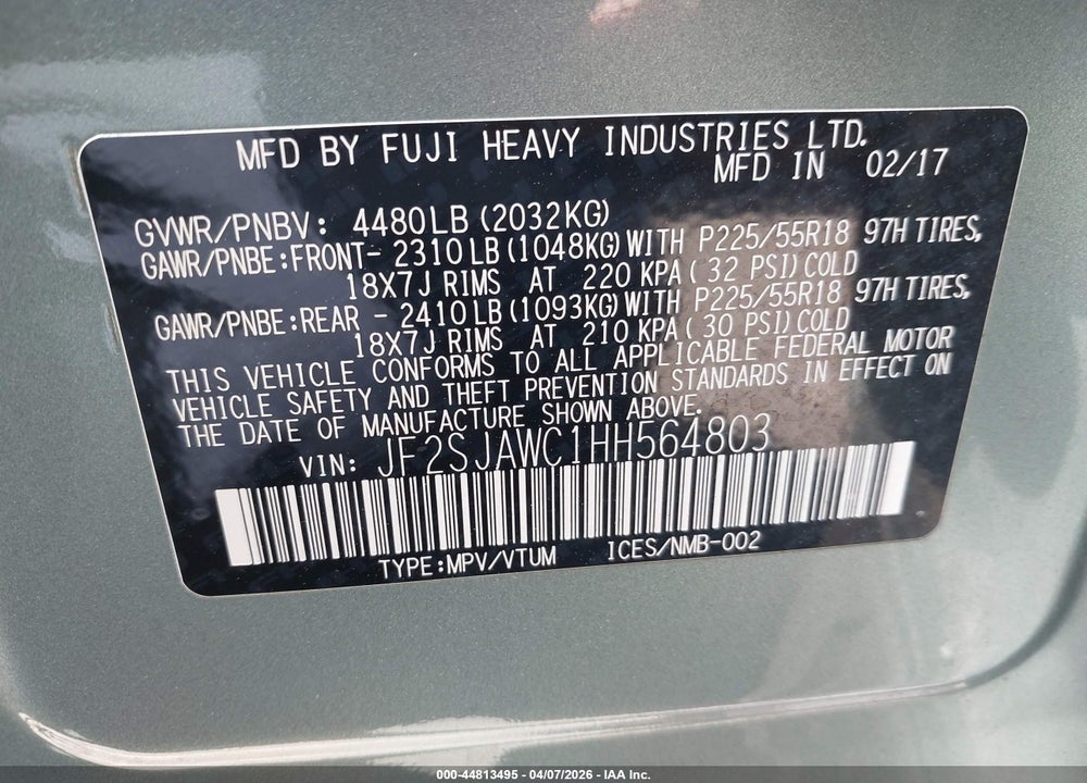 2017 SUBARU FORESTER 2.5I TOURING VIN: JF2SJAWC1HH564803
