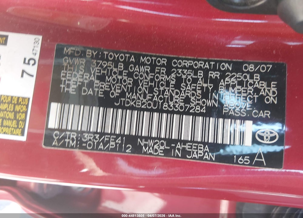2008 TOYOTA PRIUS VIN: JTDKB20U183307284