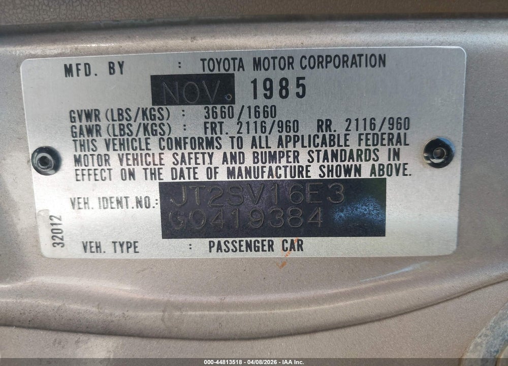 1986 TOYOTA CAMRY LE VIN: JT2SV16E3G0419384