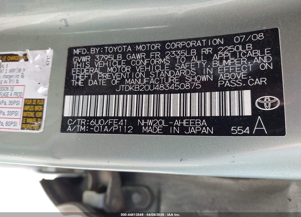 2008 TOYOTA PRIUS VIN: JTDKB20U483450875