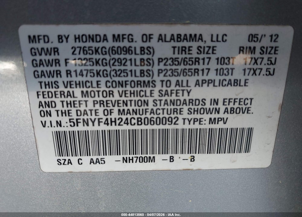 2012 HONDA PILOT LX VIN: 5FNYF4H24CB060092