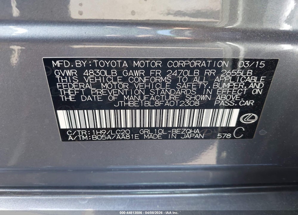 2015 LEXUS GS 350 VIN: JTHBE1BL8FA012308