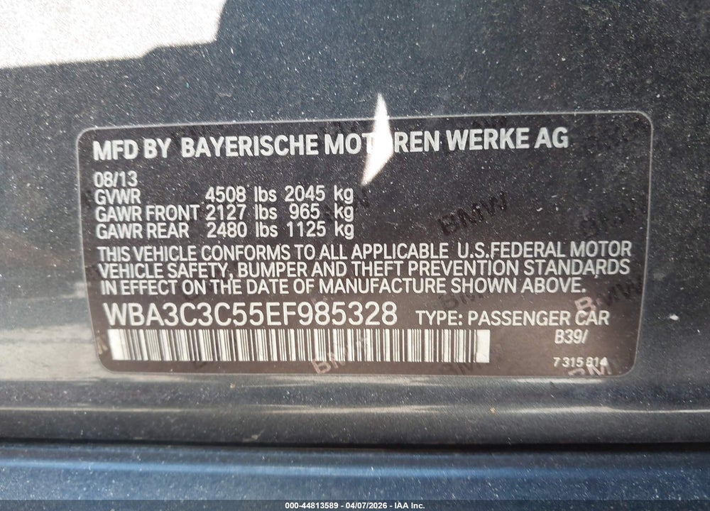 2014 BMW 320I XDRIVE VIN: WBA3C3C55EF985328