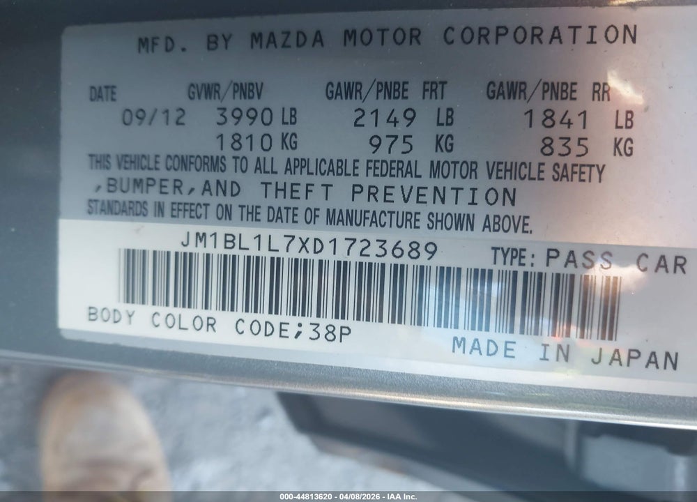 2013 MAZDA 3 I TOURING VIN: JM1BL1L7XD1723689