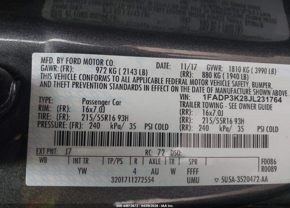 2018 FORD FOCUS SE VIN: 1FADP3K28JL231764