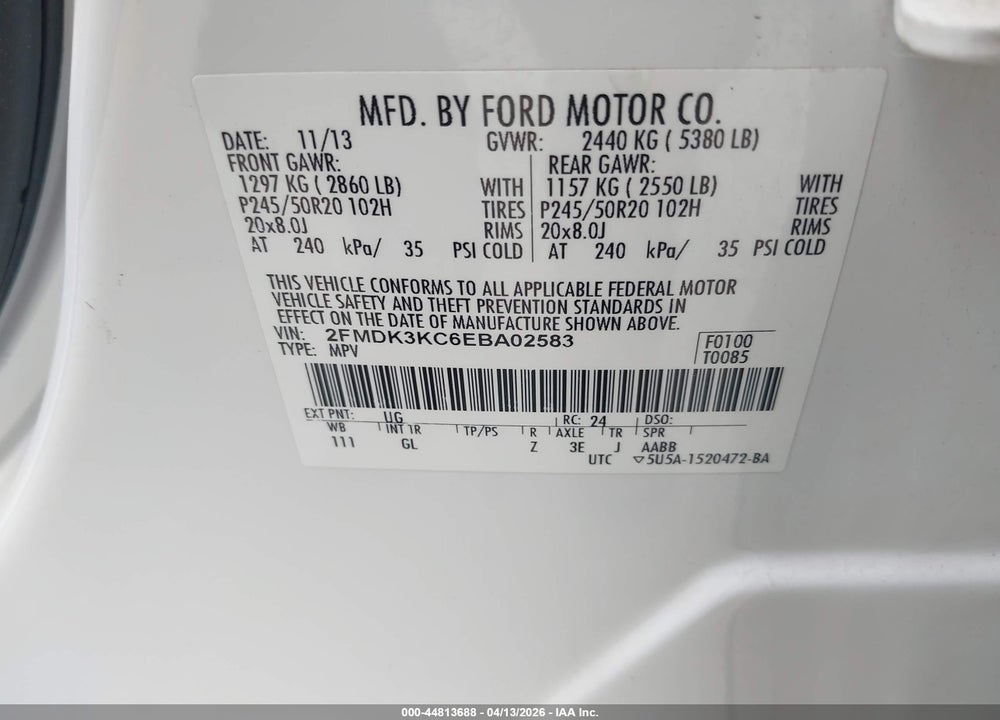 2014 FORD EDGE LIMITED VIN: 2FMDK3KC6EBA02583