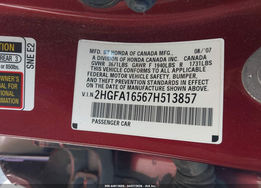 2007 HONDA CIVIC LX VIN: 2HGFA16567H513857
