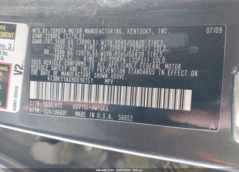 2009 TOYOTA VENZA BASE V6 VIN: 4T3BK11AX9U016151