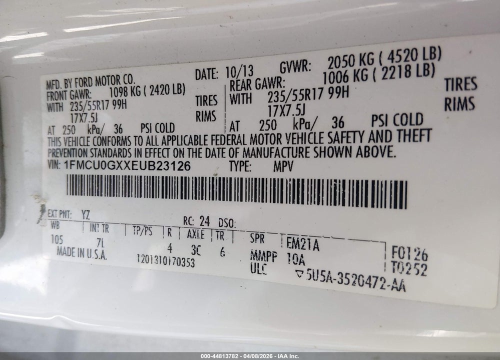 2014 FORD ESCAPE SE VIN: 1FMCU0GXXEUB23126