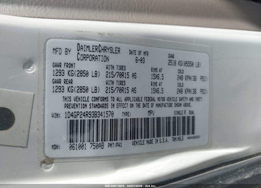 2003 DODGE GRAND CARAVAN SE VIN: 1D4GP24R93B341570