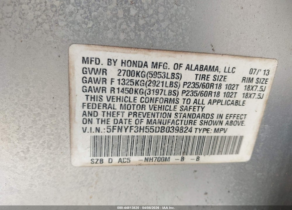 2013 HONDA PILOT EX-L VIN: 5FNYF3H55DB039824