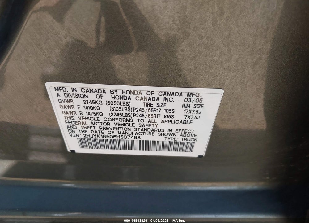 2006 HONDA RIDGELINE RTL VIN: 2HJYK16506H507468