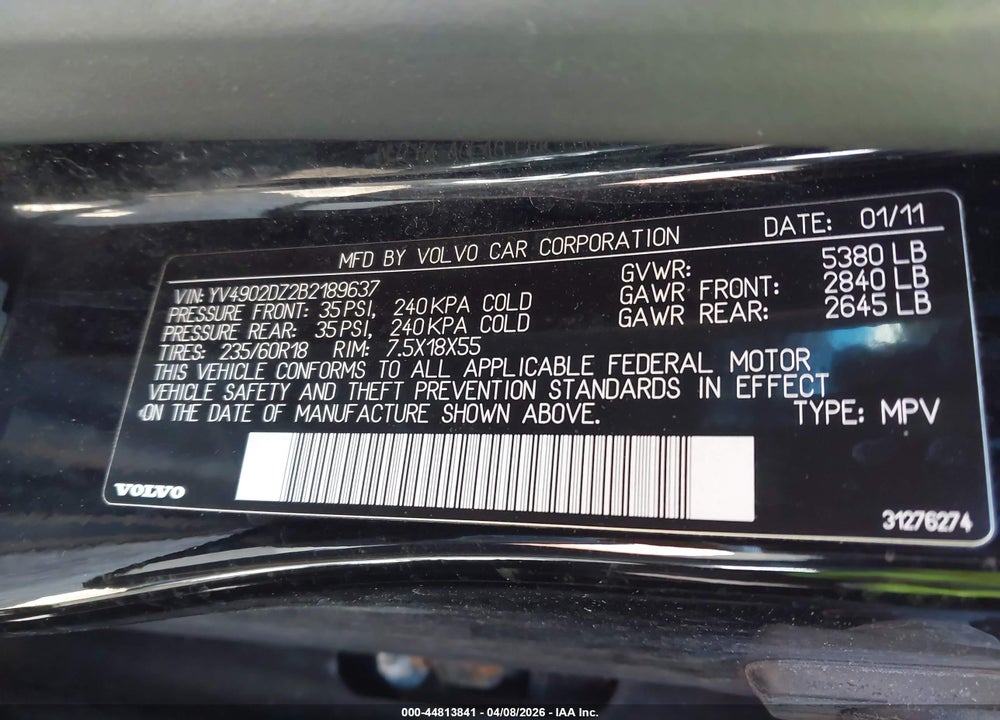 2011 VOLVO XC60 T6/T6 R-DESIGN VIN: YV4902DZ2B2189637