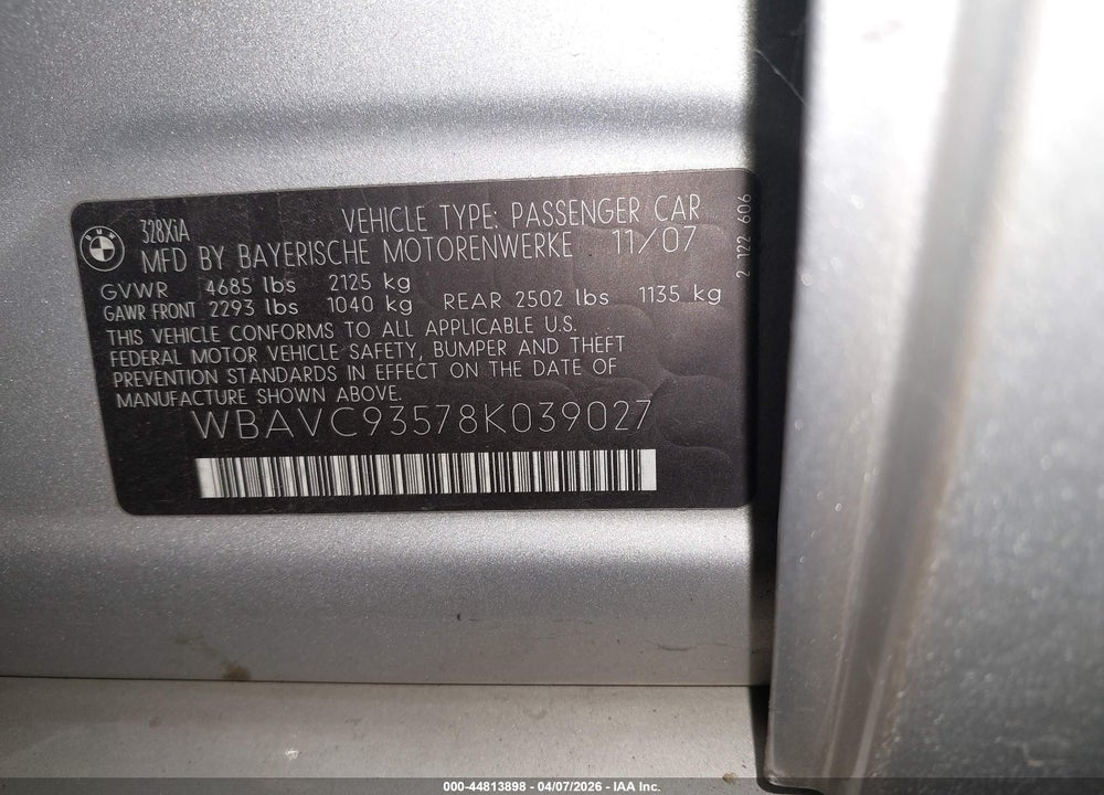 2008 BMW 328XI VIN: WBAVC93578K039027