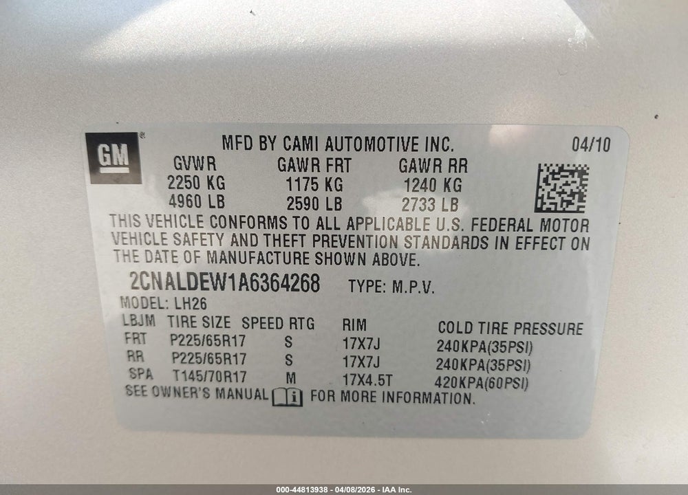2010 CHEVROLET EQUINOX LT VIN: 2CNALDEW1A6364268