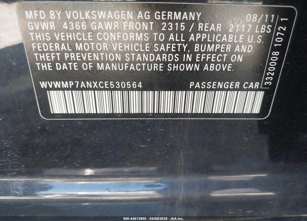 2012 VOLKSWAGEN CC SPORT VIN: WVWMP7ANXCE530564