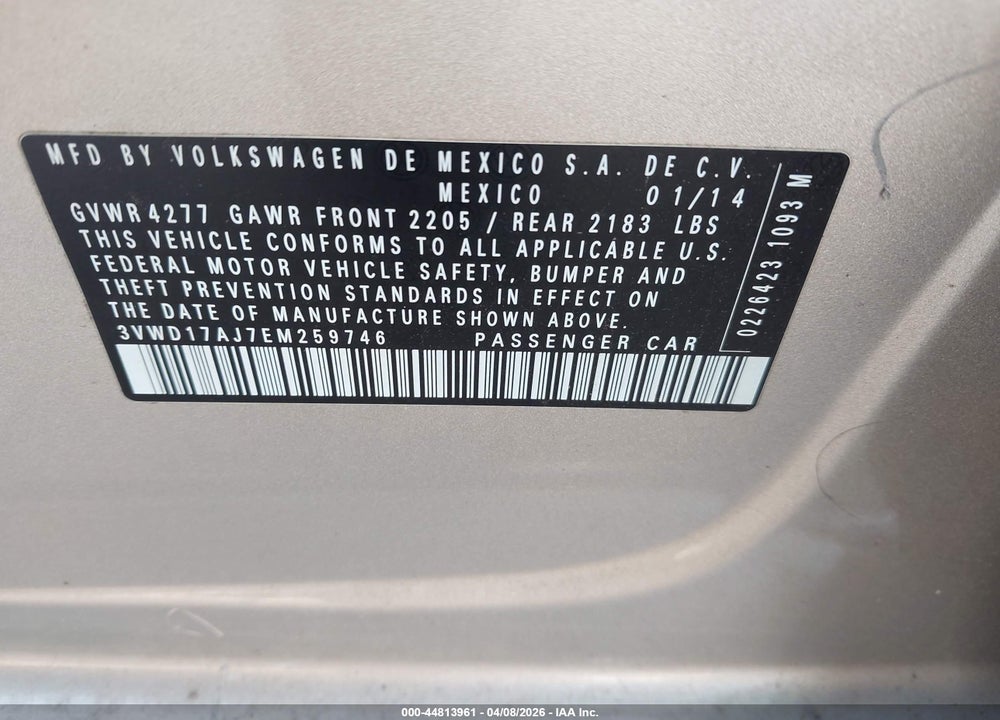 2014 VOLKSWAGEN JETTA 1.8T SE VIN: 3VWD17AJ7EM259746