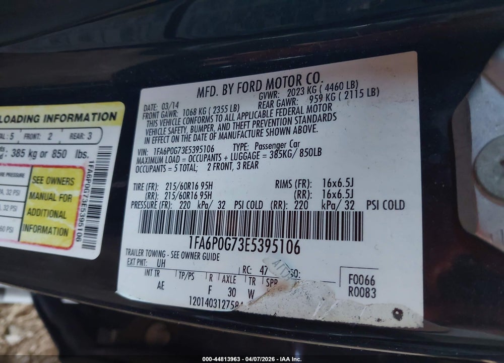 2014 FORD FUSION S VIN: 1FA6P0G73E5395106