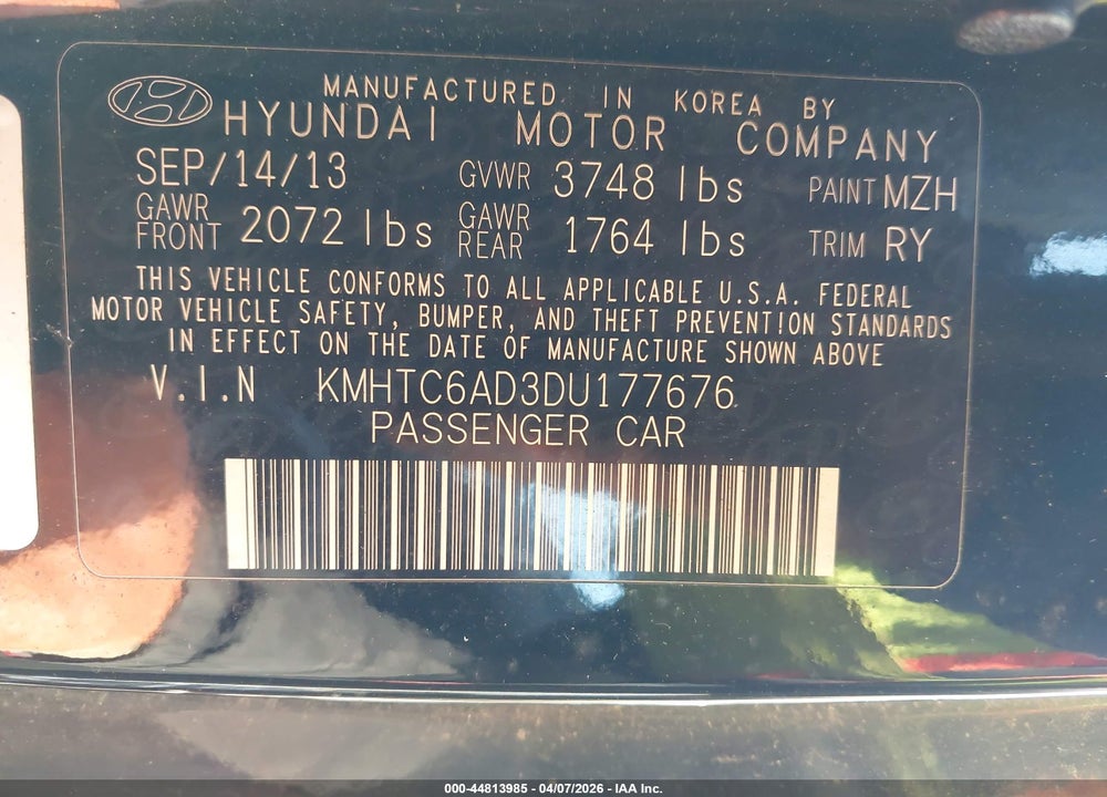 2013 HYUNDAI VELOSTER VIN: KMHTC6AD3DU177676