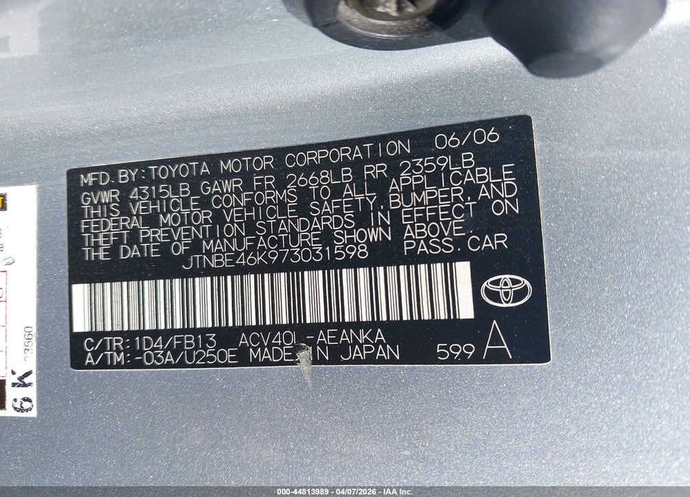 2007 TOYOTA CAMRY LE VIN: JTNBE46K973031598