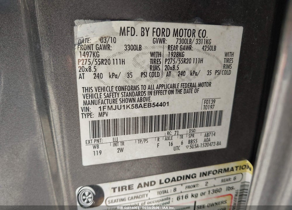 2010 FORD EXPEDITION LIMITED VIN: 1FMJU1K58AEB54401