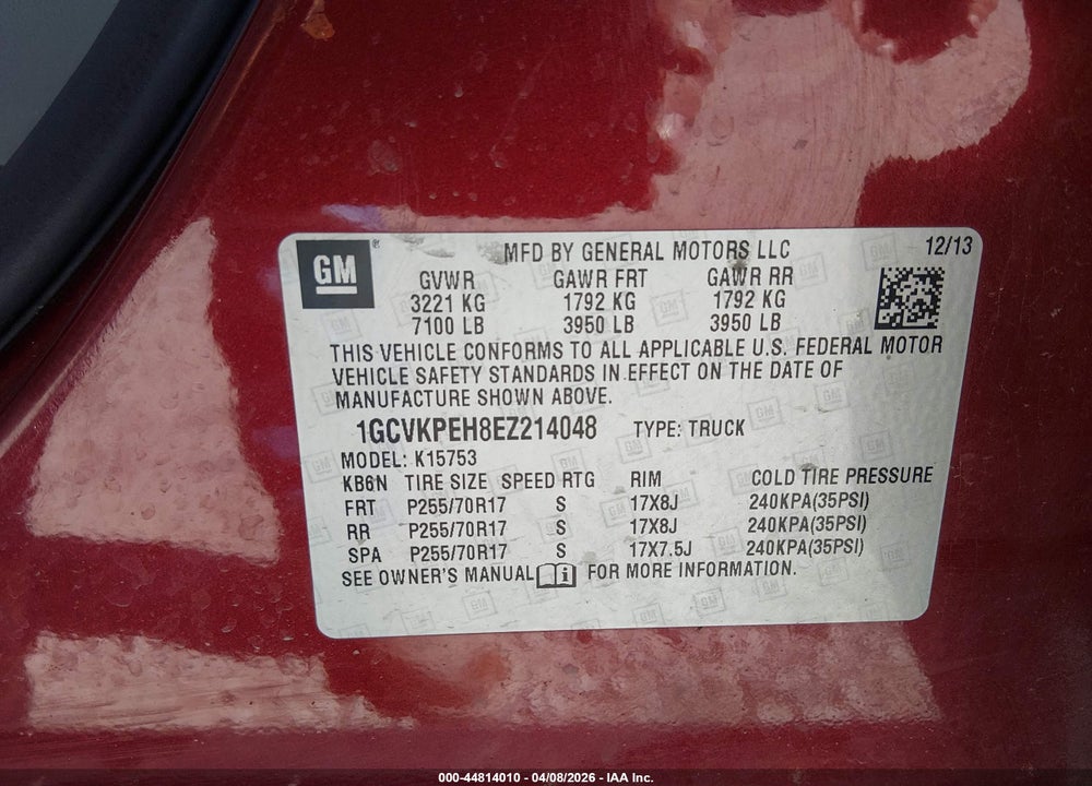 2014 CHEVROLET SILVERADO 1500 WORK TRUCK 1WT VIN: 1GCVKPEH8EZ214048