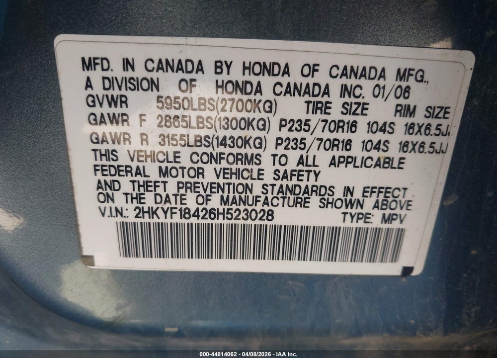 2006 HONDA PILOT EX VIN: 2HKYF18426H523028