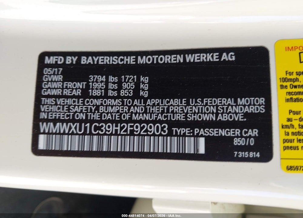 2017 MINI HARDTOP COOPER VIN: WMWXU1C39H2F92903