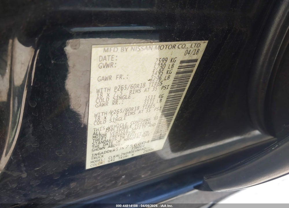 2018 NISSAN FRONTIER SV VIN: 1N6AD0ER5JN756604