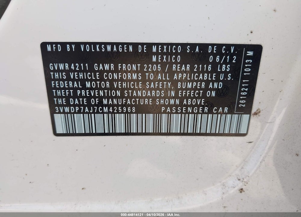 2012 VOLKSWAGEN JETTA 2.5L SE VIN: 3VWDP7AJ7CM425968