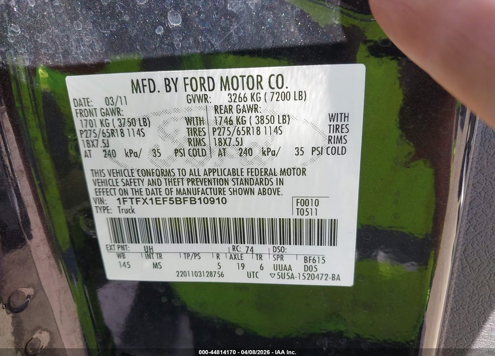 2011 FORD F-150 XLT VIN: 1FTFX1EF5BFB10910
